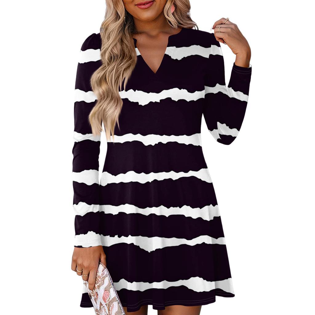 Women's Fashion Striped V-Neck Long Sleeve  Dress