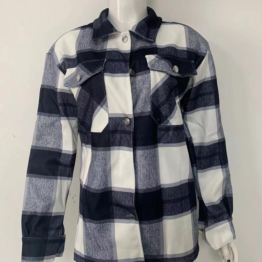 Women's  And Winter Fashion Loose Plaid Print Pocket Long Sleeve Jacket