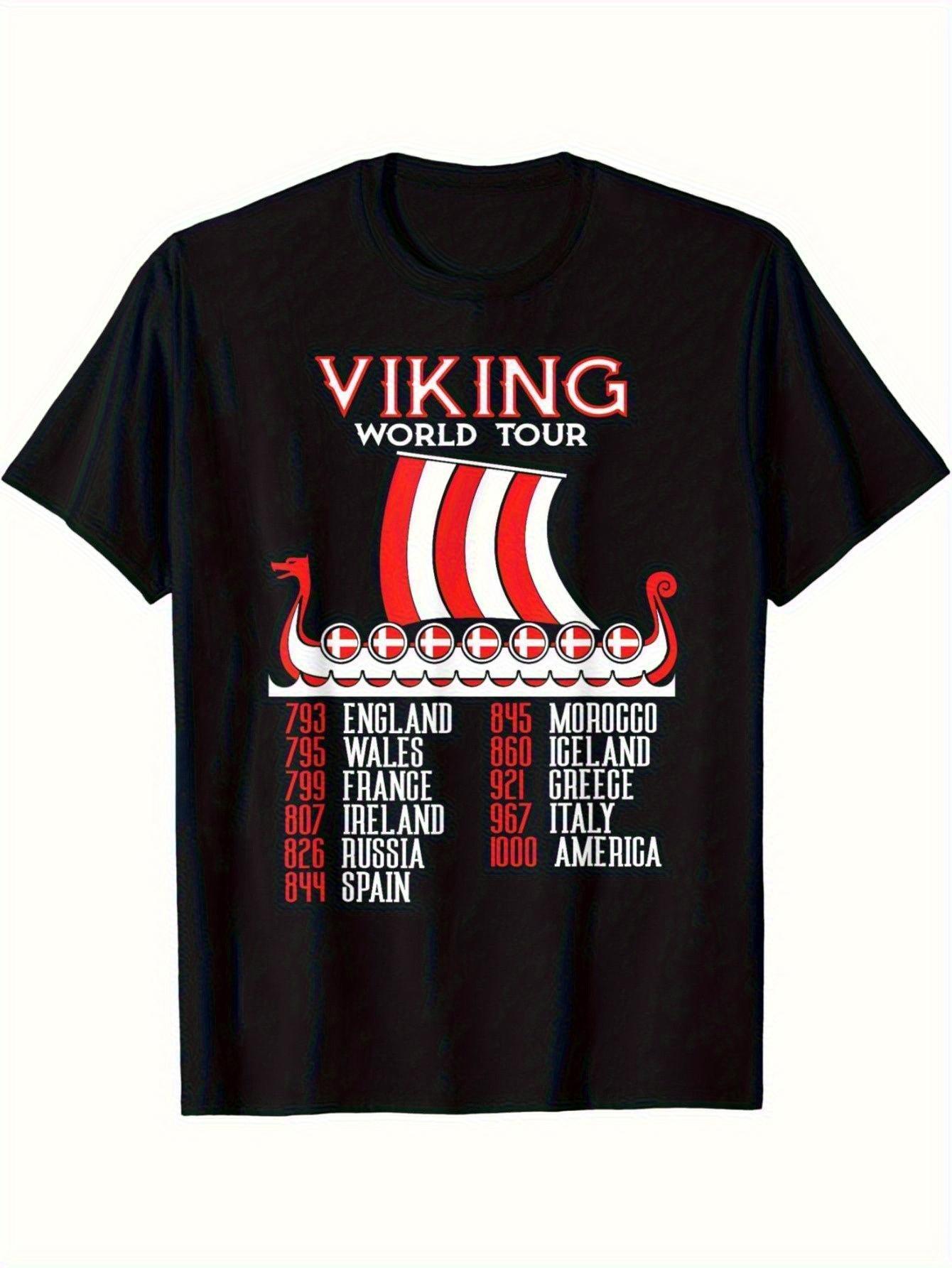 World T-Shirt - Showcasing Prints of a Ship And a Nordic Raven Logo Along with a Map Design of Norway XXXXL