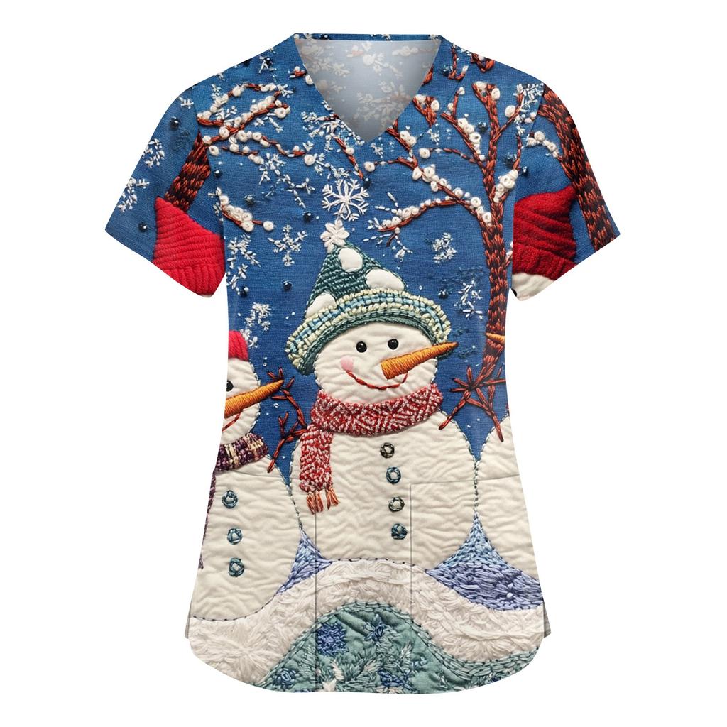 Women's Fashionable V-neck Workwear Christmas Printed Short Sleeved Pocket Side Slit Workwear Basic Pullover Top