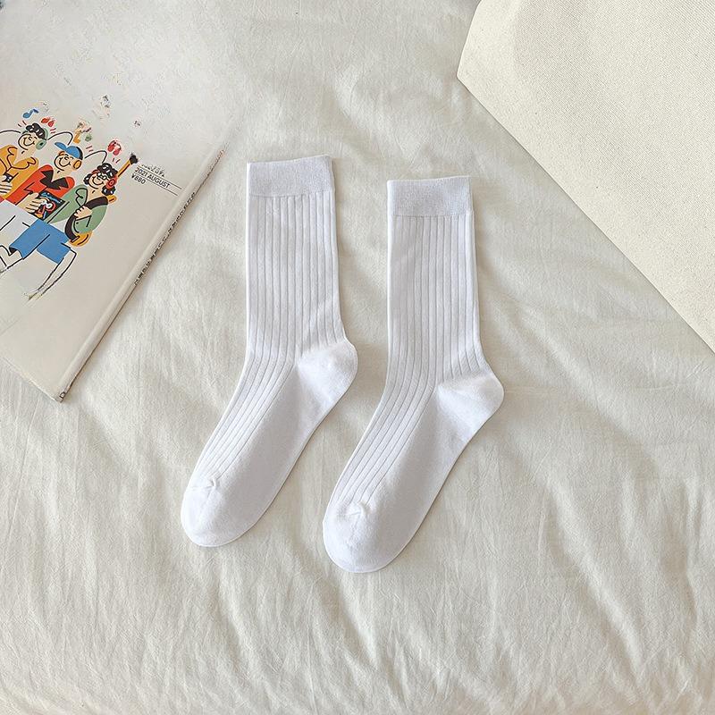 Female Summer Thin Simple Pure Color All Build Vertical Bar Wicking High Tube Cotton Socks