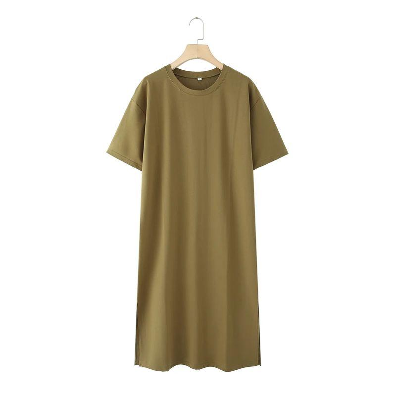 Summer New Product Women's Clothes Round Neck Short Sleeve Slit Design Cotton Long A- Line T-shirt Dress 4174465