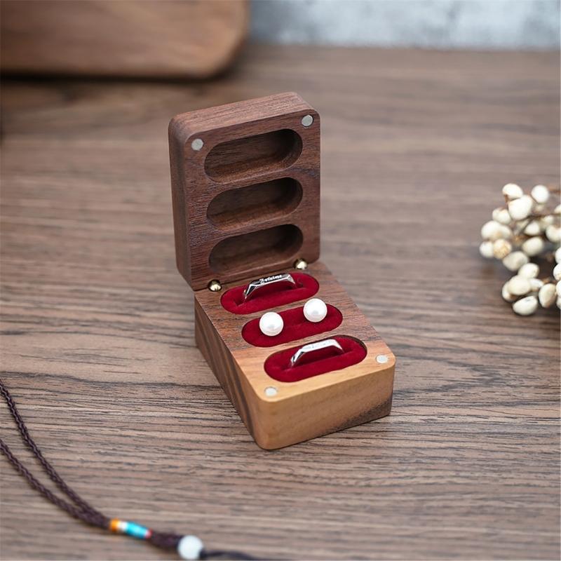Rings Container Solid Walnut Wood Wedding Ring Storage Organizer Jewelry Box with Velvets Interior for Engagement