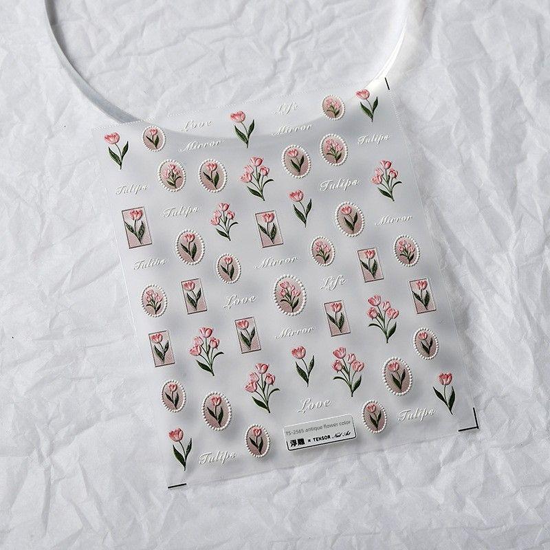 

Tulip Nail Stickers with Adhesive Three-Dimensional Relief Vintage Pearl Border Xiaoqing Xinmei Nail Decals TS-2565 antique flower color [three-dimensional]]