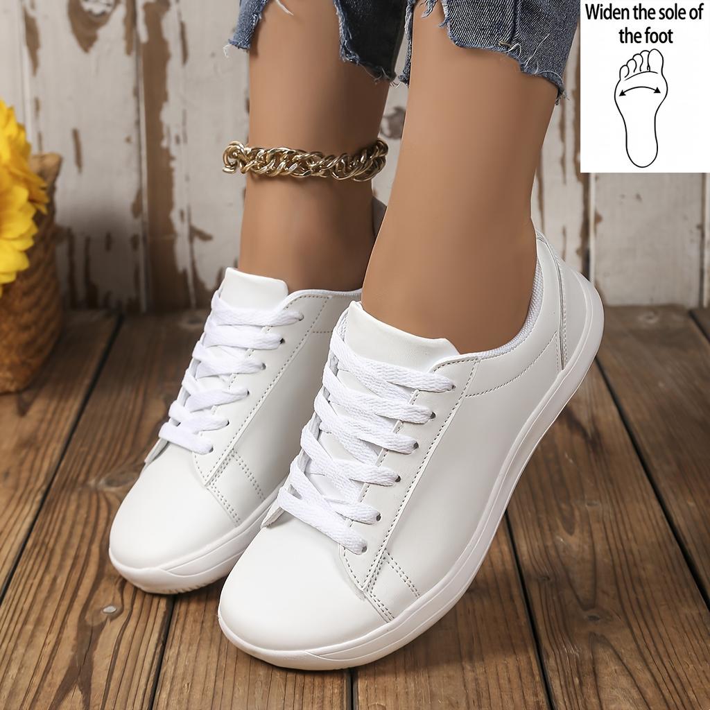 Women's Wide-Fit Sneakers - White Faux Cover Low-Top Lace-Up Shoes with Comfortable EVA Sole, Breathable Fabric Lining for All-Day Support