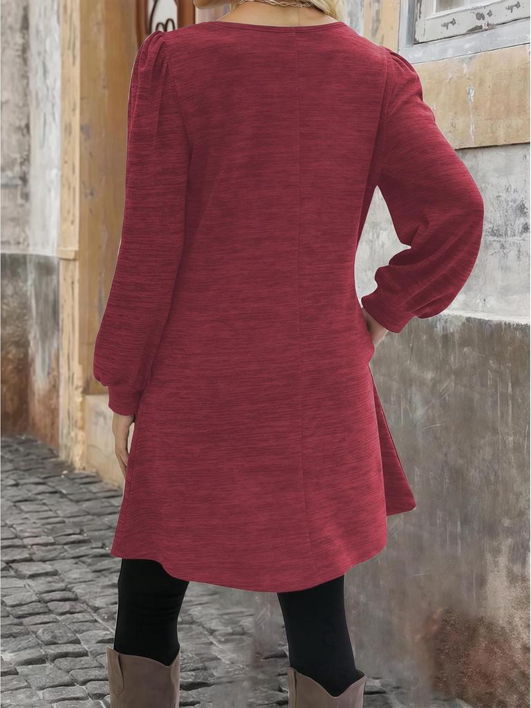 2025 Women's Solid Color Crew Neck Long Sleeve Dress with Pockets and Buttons