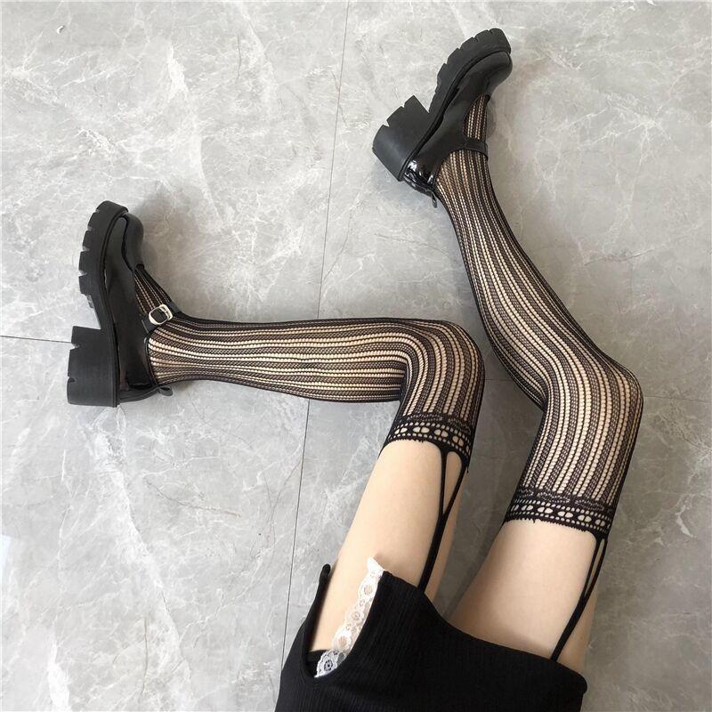 Vintage Black Silk Suspender Fishnet Stockings - Slim, Ripped Over-the-Knee for Spring & Autumn