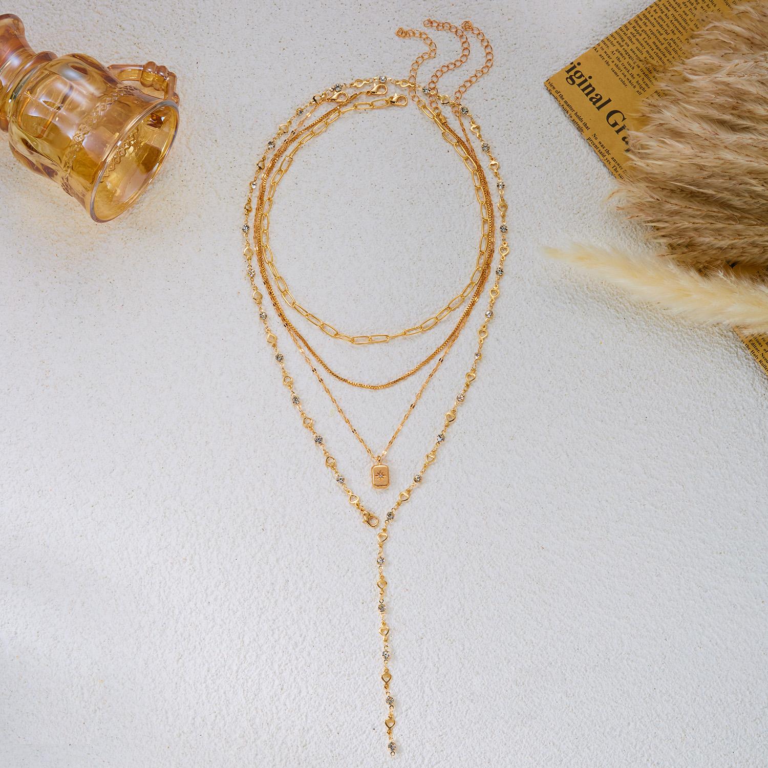 Multilayer Geometric CZ Stone Y-shaped Necklace for Women Luxury Square Heart Adjustable Chain Party Fashion Jewelry Gift