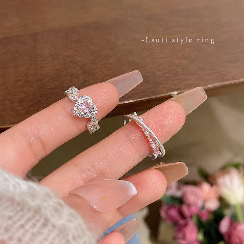 Pink Love Zircon Ring Women's Light Luxury Niche Ring Ring Sweet Couple Ring with Jewelry