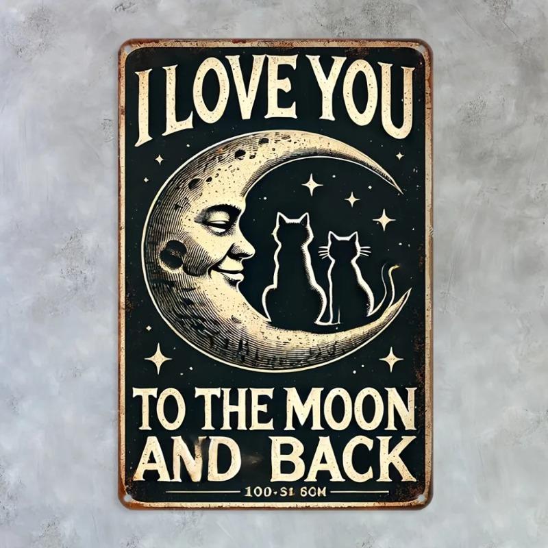 Metal Tin Sign Love Moon and Back Vintage Wall Art Decor Waterproof Pre Drilled Holes