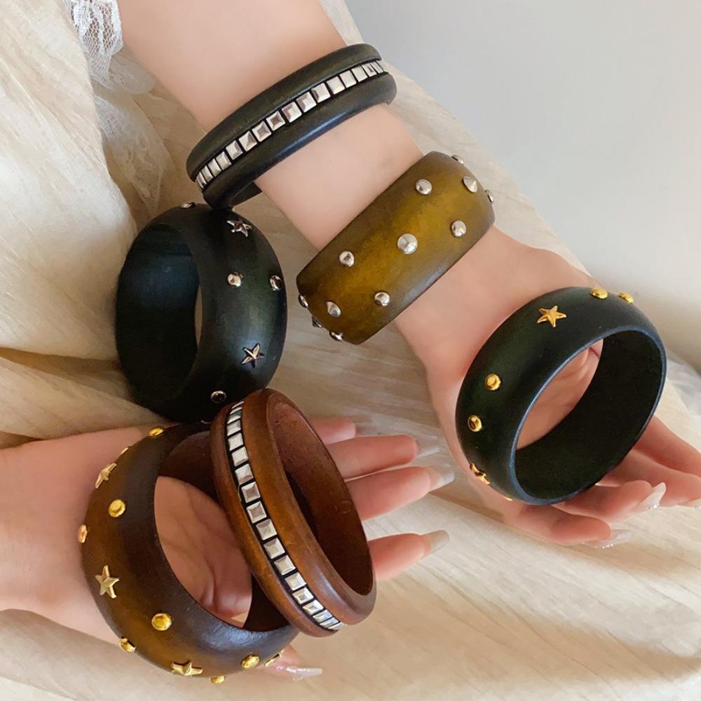 Chinese style Wooden Bracelet Punk Rivets Bangle Vintage Round Bracelet  Party