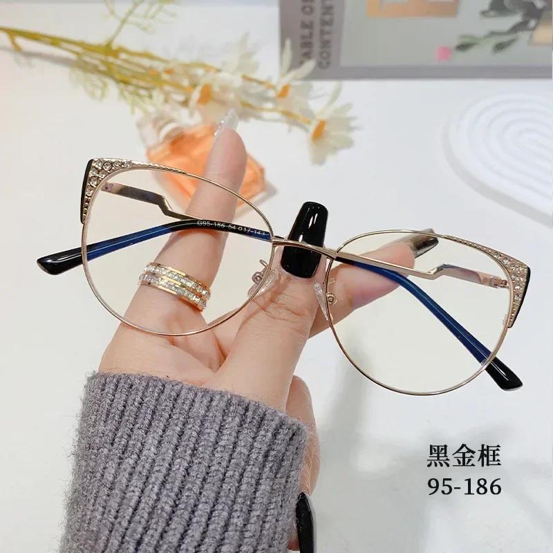 Anti Blue Light Glasses Cat Eye Vintage Diamond Metal Frame Women Optical Flat Mirror Eyewear