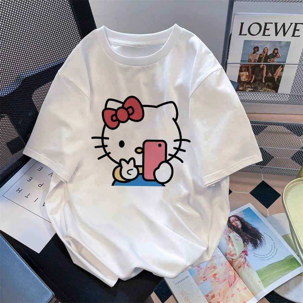 

2026 Disney Cute Cartoon Kitty Cat Cotton Shortsleeved Comfortable summer Womens Tshirt loose fit S