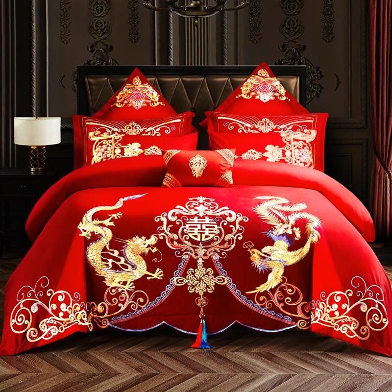 Comforter 100/140Ct Long-Staple Cotton Chinese-Style Wedding Festive 4-Pcs A Witness To Marriage And Love Home Decoration