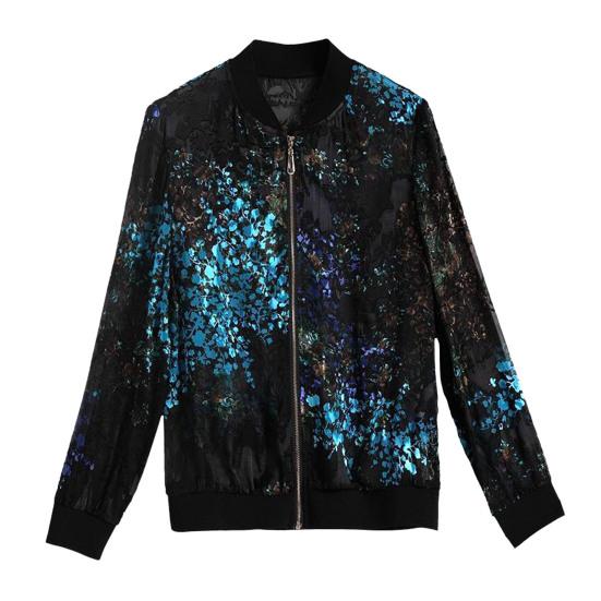 Chiffon Coat Stand Collar Long Sleeve Floral Print Sunscreen Coat Zipper Placket Thin Outwear