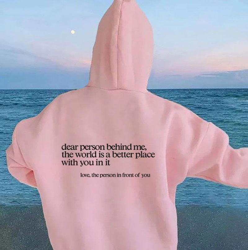 Women'S Fleece Shoulder Sleeve Sweater Letter Slogan Printed Kangaroo Pocket Drawstring Printed Hoodie