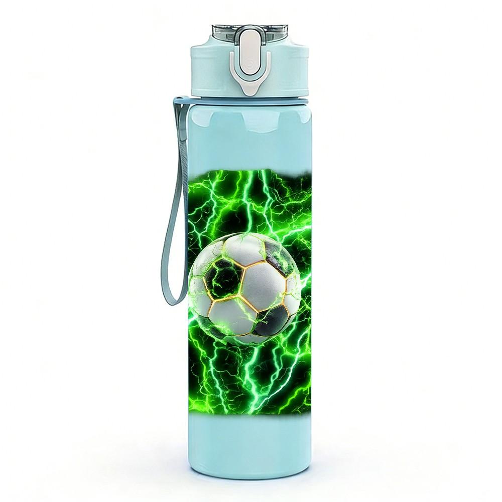 1PC Green Lightning Soccer Ball Print 750ml Color Plastic Sports Water Bottle Leakproof Flip Straw Lid Suitable for Sports Office Home Use