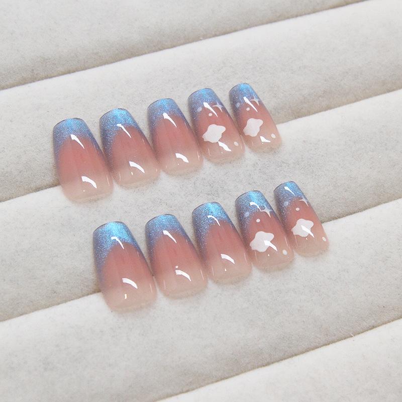 Cat's eye wearing nail piece, blue French sky removable nail piece, simple fine flash nail patch 24 pieces