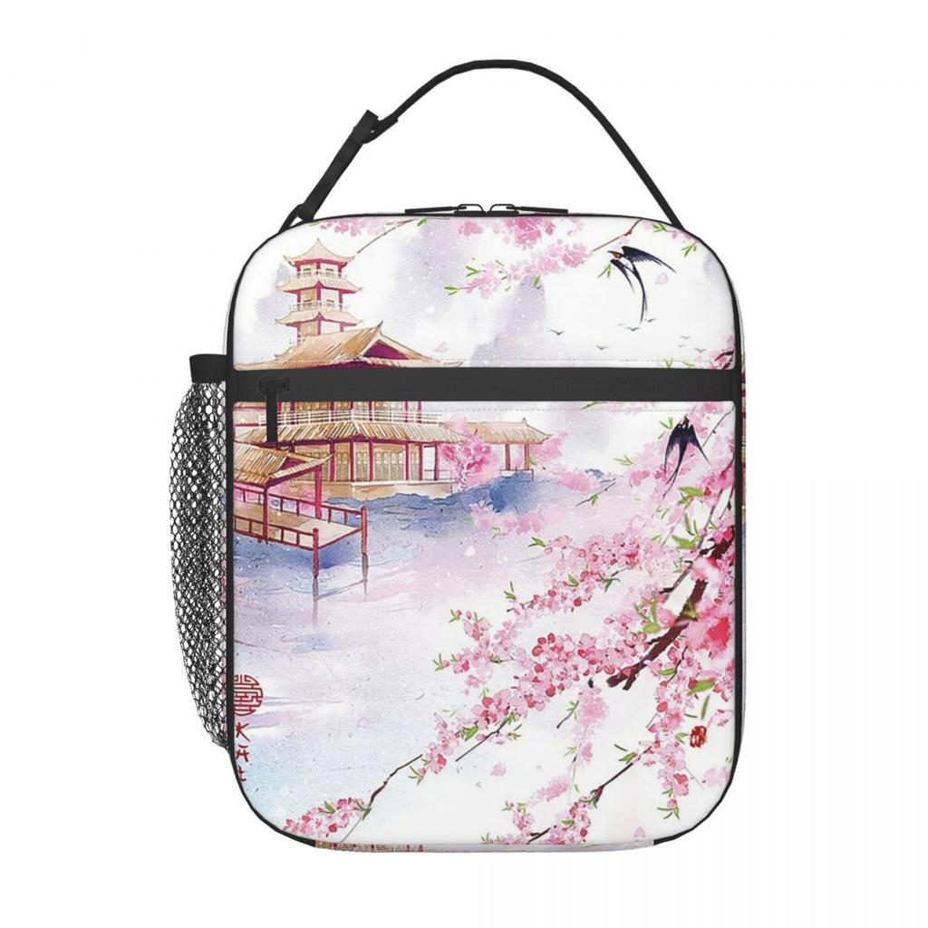 Japanese Pagoda And Cherry Blossoms Insulated Lunch Bag for Women Children Portable Food Boxes Thermal Lunch Box Tote