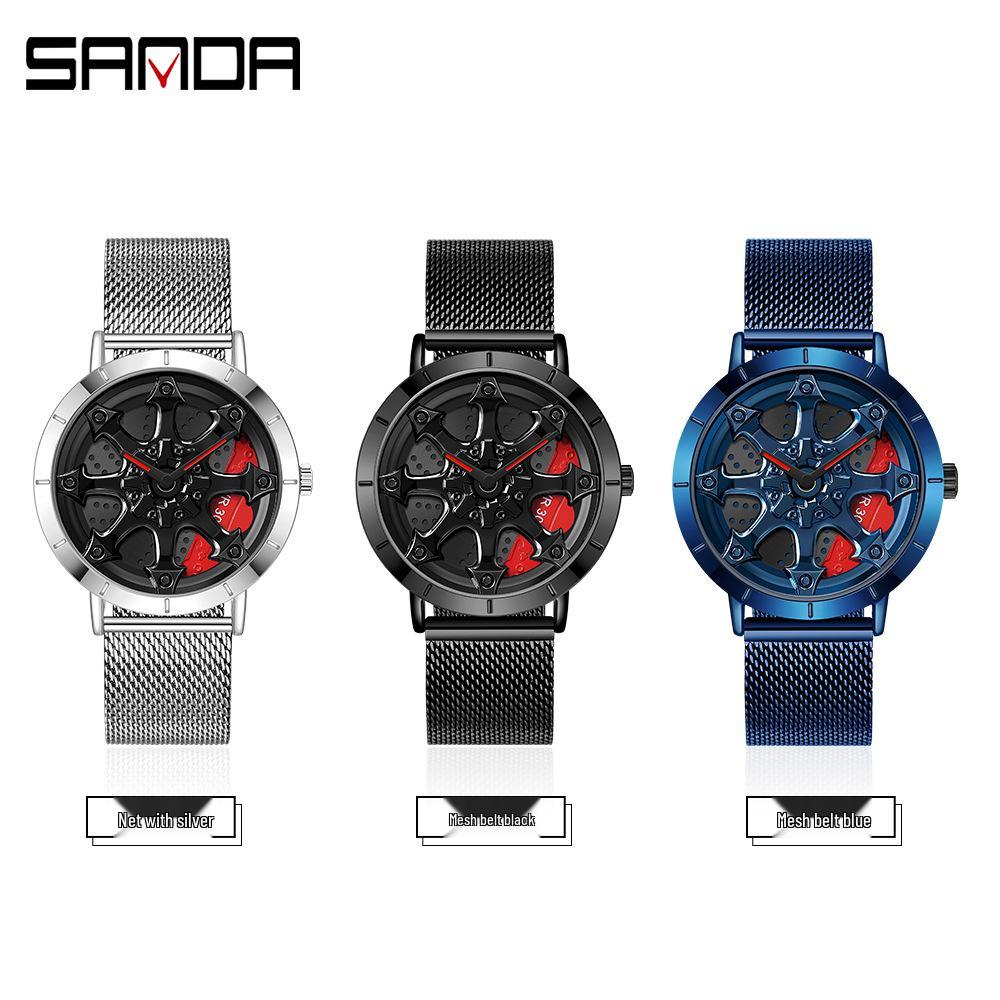 Sanda Men's Creative Rotating Quartz Wristwatch with Mesh Strap