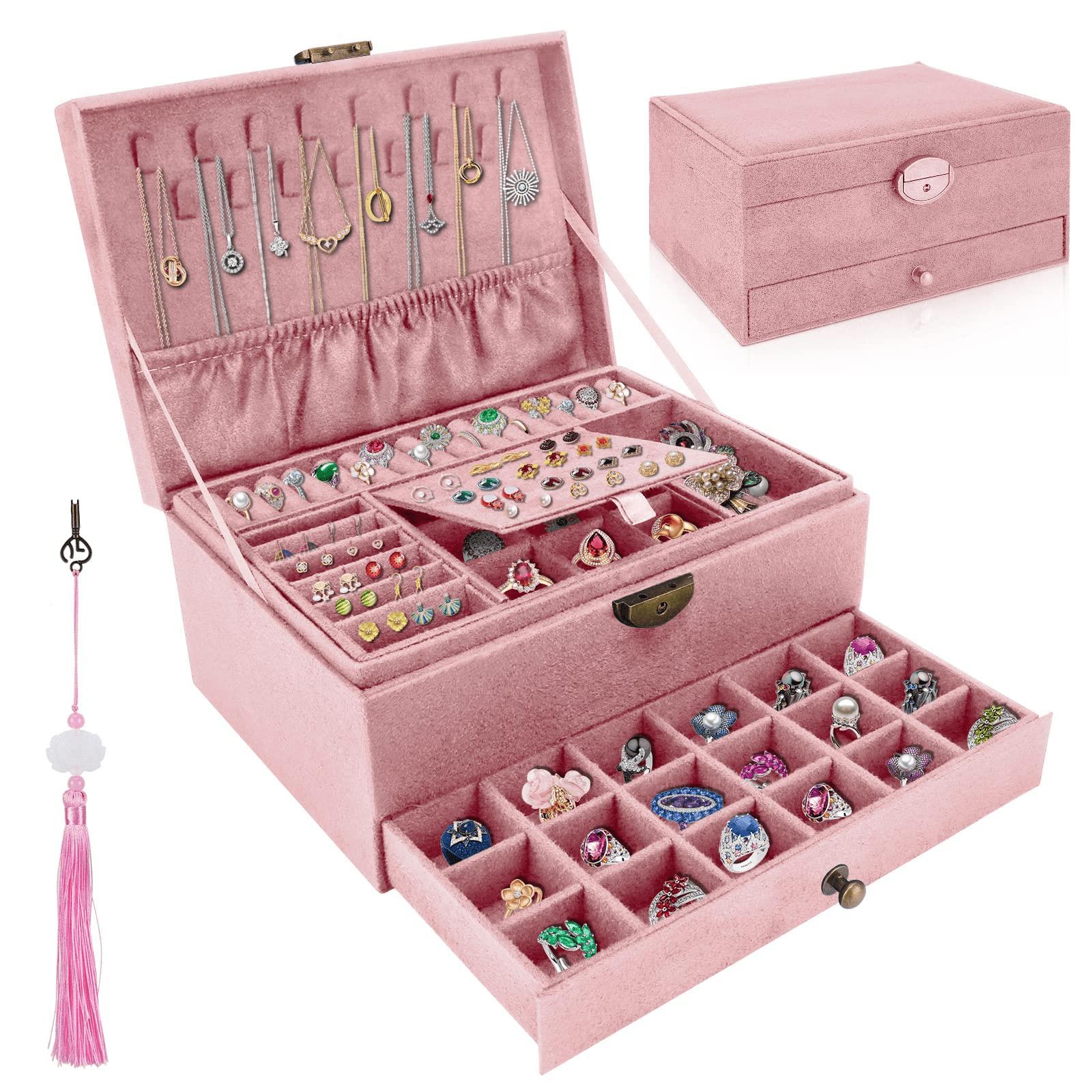 

Органайзер для шкатулок для драгоценностей для женщин и девочек, 3-слойный органайзер для ювелирных изделий с замком и ящиком, портативный держатель для украшений для серег, колец, ожерелий, браслетов