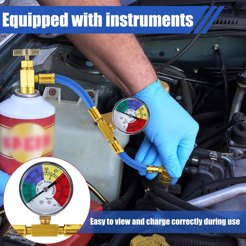 Metal AC Refrigerant Recharge Hose Kit with 1/2 Acme Thread Pressure Gauge Sturdy R134A Car Air Conditioner Recharging Hose