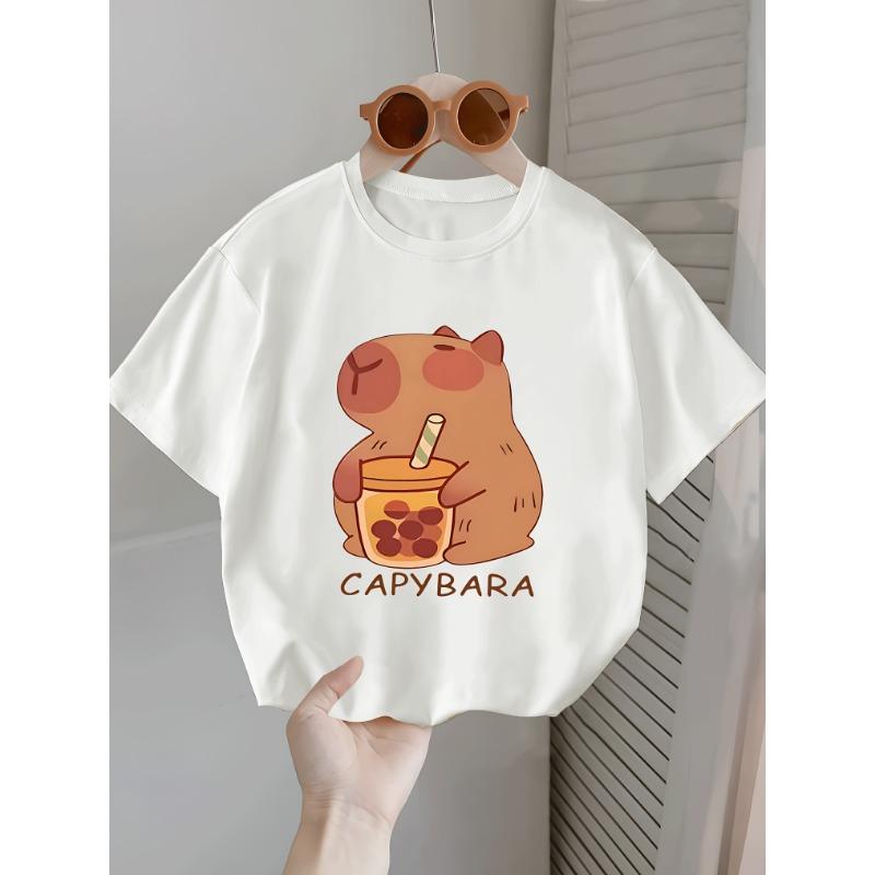 2025 Children's Capybara T-Shirt Kids Short Sleeve Shirt Capy Birthday Print Round Neck Tops Boys Girls Birthday Gift T Shirt