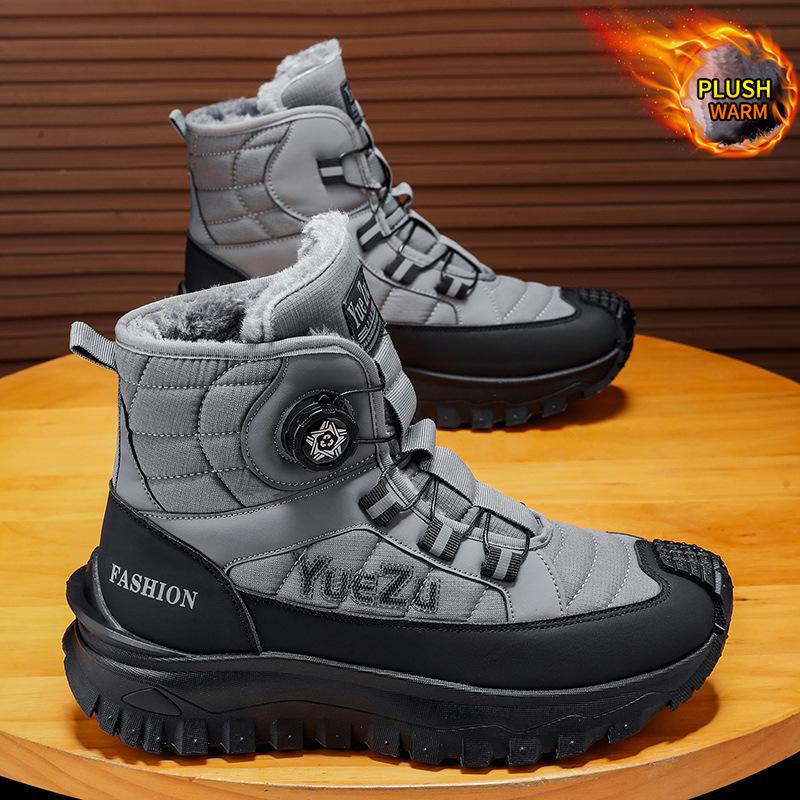 Winter new outdoor leisure cold-proof velvet thickened high-top cotton shoes rotating button trend versatile large size men's shoes