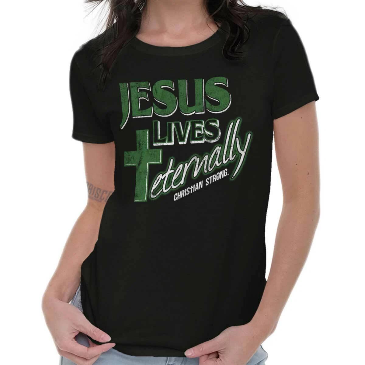 Christian Strong Jesus Lives Eternally Cross Womens Top Junior Graphic Tee L