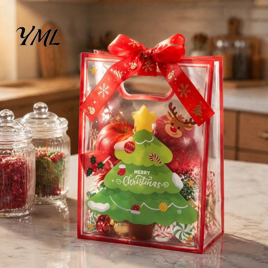 Clear Christmas Gift Bags with Handles, Reusable PP Treat for Eve Candy Apples Cookies, Holiday Party Favor Packaging Ribbon Bow Decorative Holidays