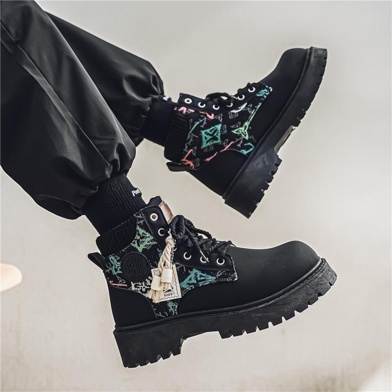 Autumn Black Trend Boots For Man Streetwear Lace-up Platform Boots Man Designer Shoes Comfy Round Toe Leather Men's Ankle Boots