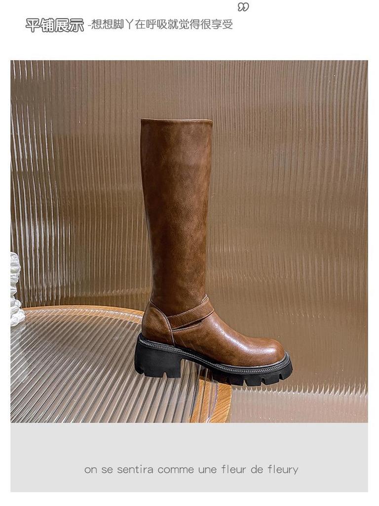 Knight Vintage Fleece-Lined Knee-High Western Cowboy Buckle Boots 2024 Autumn/Winter Collection with Chunky Heels