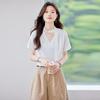 TeloMan Women's V-Neck Short-Sleeve Blouse with Tie-Neck Design