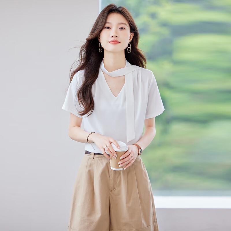 TeloMan Women's V-Neck Short-Sleeve Blouse with Tie-Neck Design