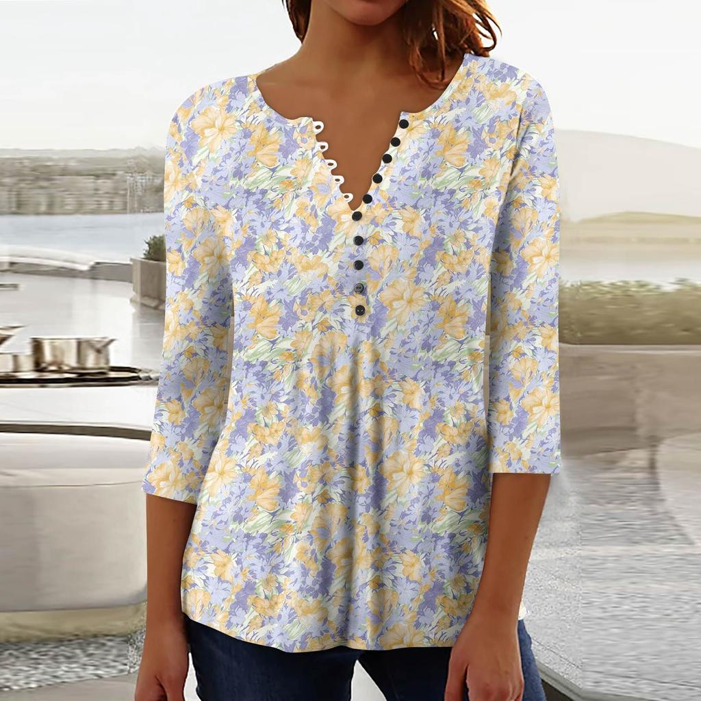 Women's Fashion Casual Pullover T-Shirt 3/4 Sleeve Printed Top