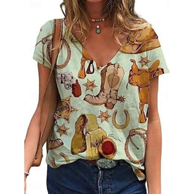 

Женская блузка с графическим принтом Bohemia Vintage Western с коротким рукавом V-образным вырезом, обычные топы с принтом, повседневные, синего, коричневого, зеленого, абрикосового цвета, лето 5XL