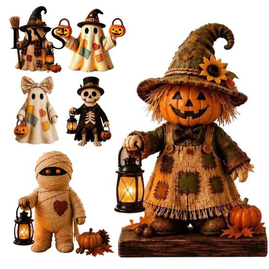 Desktop Haunted House Accents Patchwork Halloween Wooden Flat Ornaments, Skeleton Pumpkin Mummy Festival Showcase Ornaments Ghost Tabletop Decor,