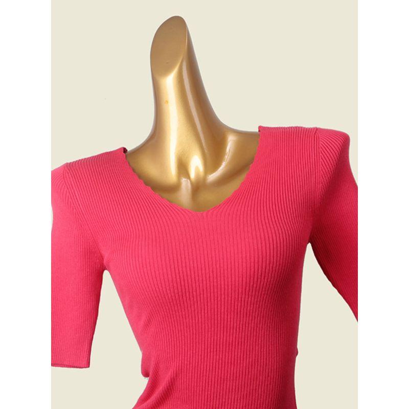 Crescent Double V Neck Texture Half Sleeve T-shirt Summer High Elastic Silm Export Pullover Knitwear