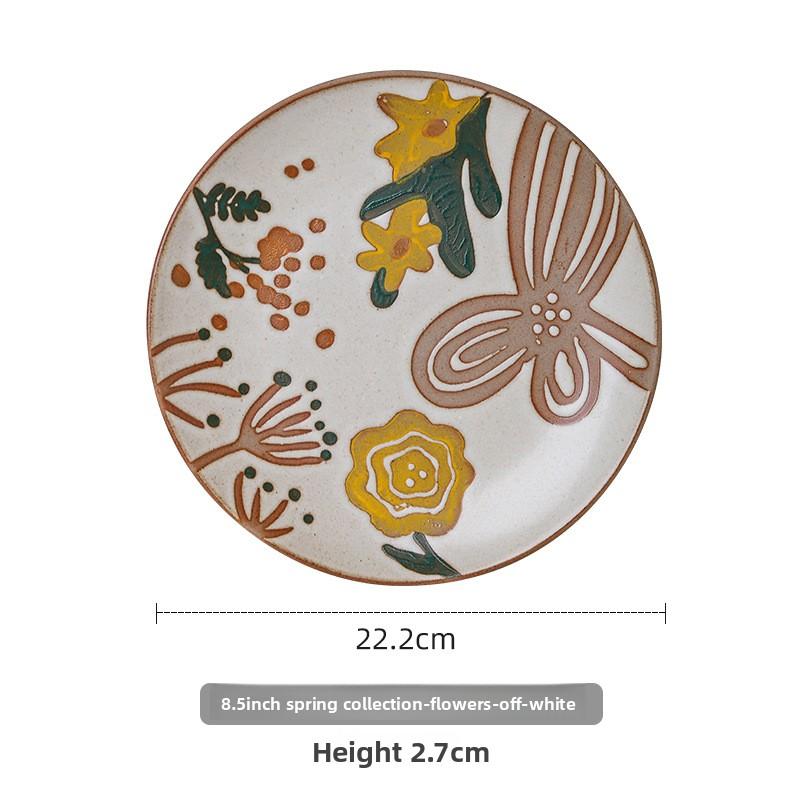 

Hand Painted Rustic Ceramic Plate Creative Country Style Underglaze Color Round Dish for Home Kitchen