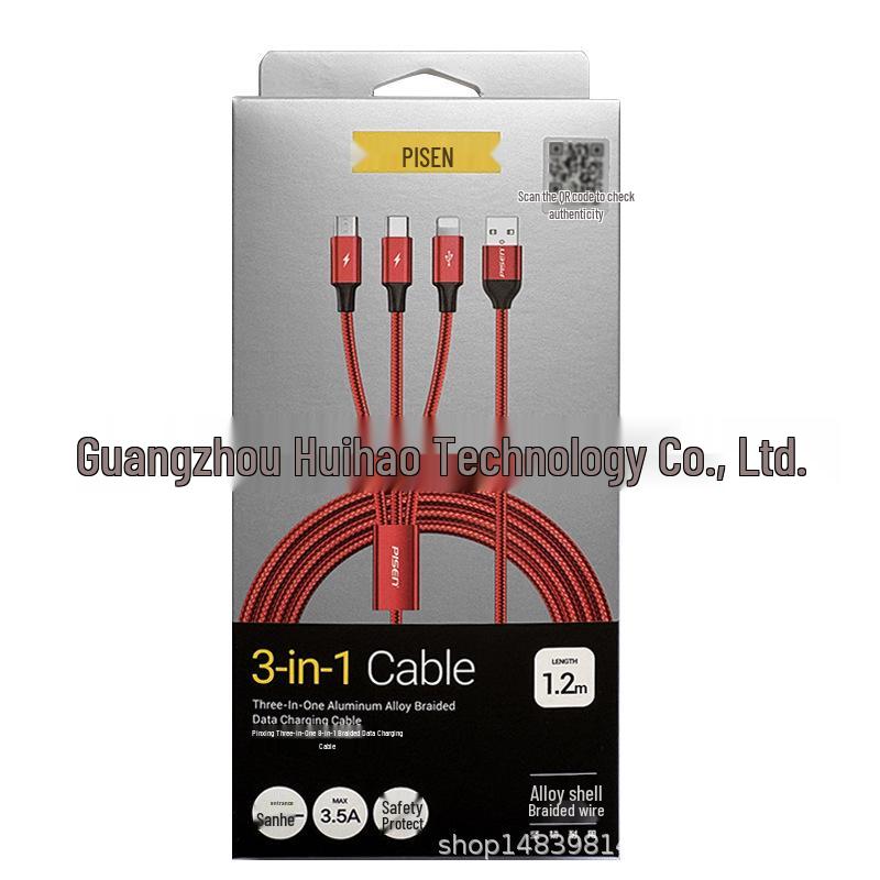 PISEN Aluminum Alloy 3-in-1 Braided Data Cable for Apple, Android, Type-C Devices