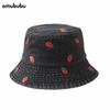 Hat Female Versatile Wide Brim Round Face Showing Face Small Shading Denim Bucket Hat Embroidered Strawberry Pattern Basin Hat Tide