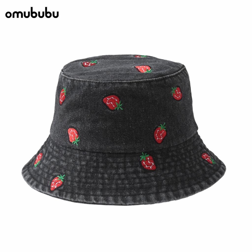 Hat Female Versatile Wide Brim Round Face Showing Face Small Shading Denim Bucket Hat Embroidered Strawberry Pattern Basin Hat Tide