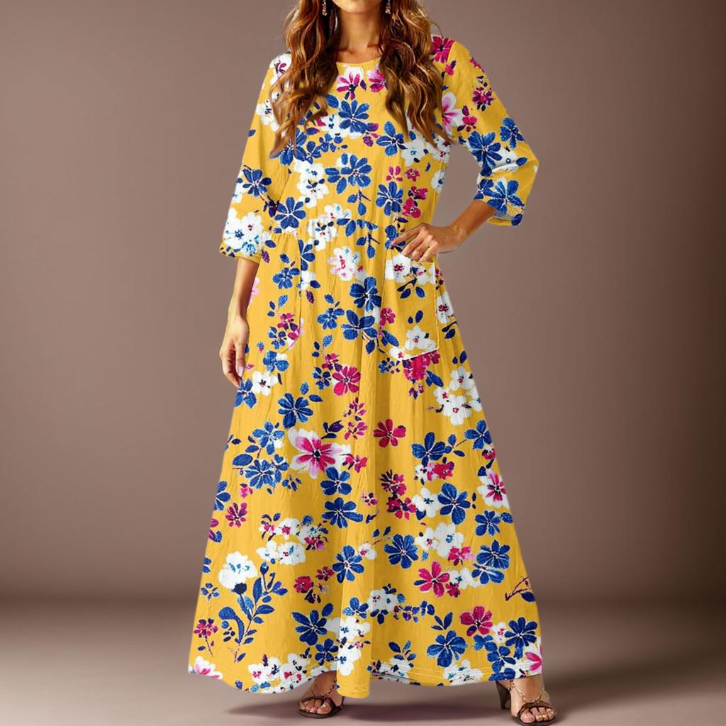 Damen Freizeitmode Blumenmuster Dreiviertelarm Langes Kleid mit Taschen