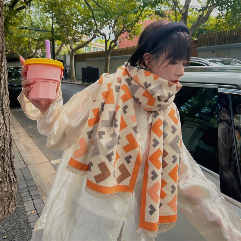 Winter Geometric Imitation Cashmere Scarf Atmosphere Thickened Warm Versatile Windproof Scarf Sweet Student Shawl