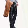 Herr Vinter Varma PU Läderbyxor Fleece Lösa Byxor med Dragsko Faux Läder MC-Byxor