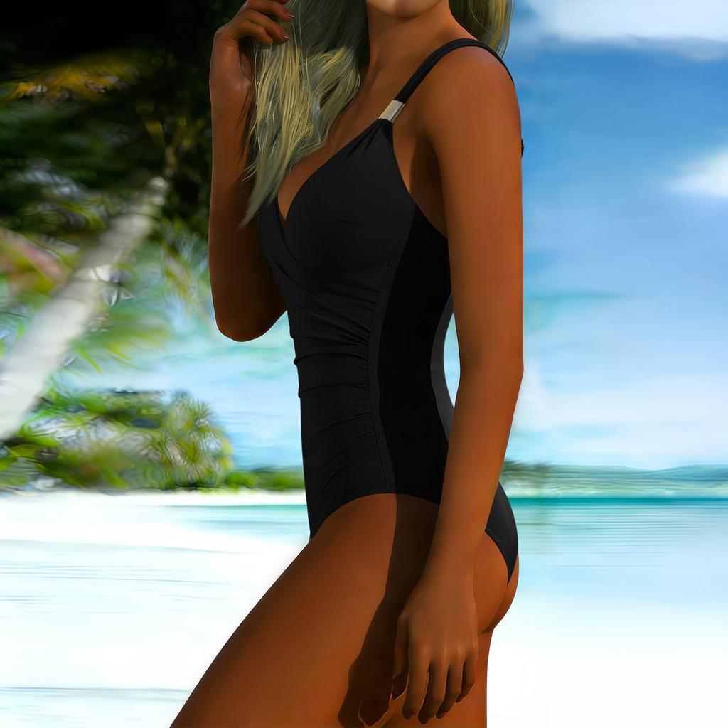 Women Swimsuit V Neck Ruched Design Adjustable Strap Bathing Suit with for Beach Pool