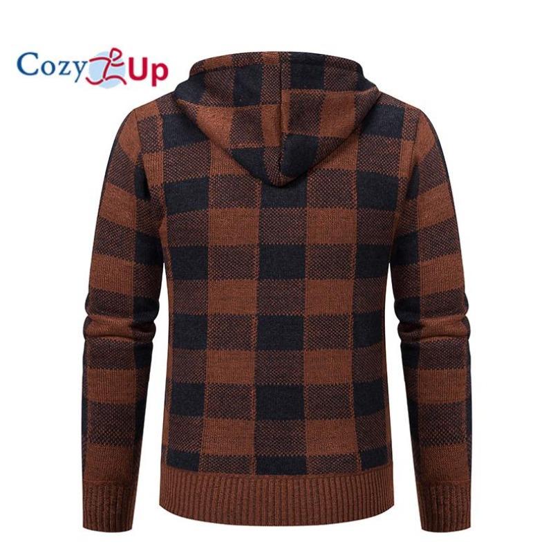 Cozy Up Men Sweater Coat  Autumn Winter Thick Warm Hooded Plaid Wool Sweater Cardigan  Zipper Fleece Coat Men