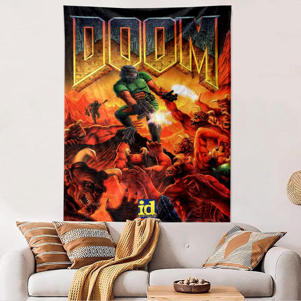 Tapisserie Doom à suspendre au mur, Art d'affiche du jeu FPS classique, Décoration murale pour gamer pour chambre à coucher, salon, dortoir