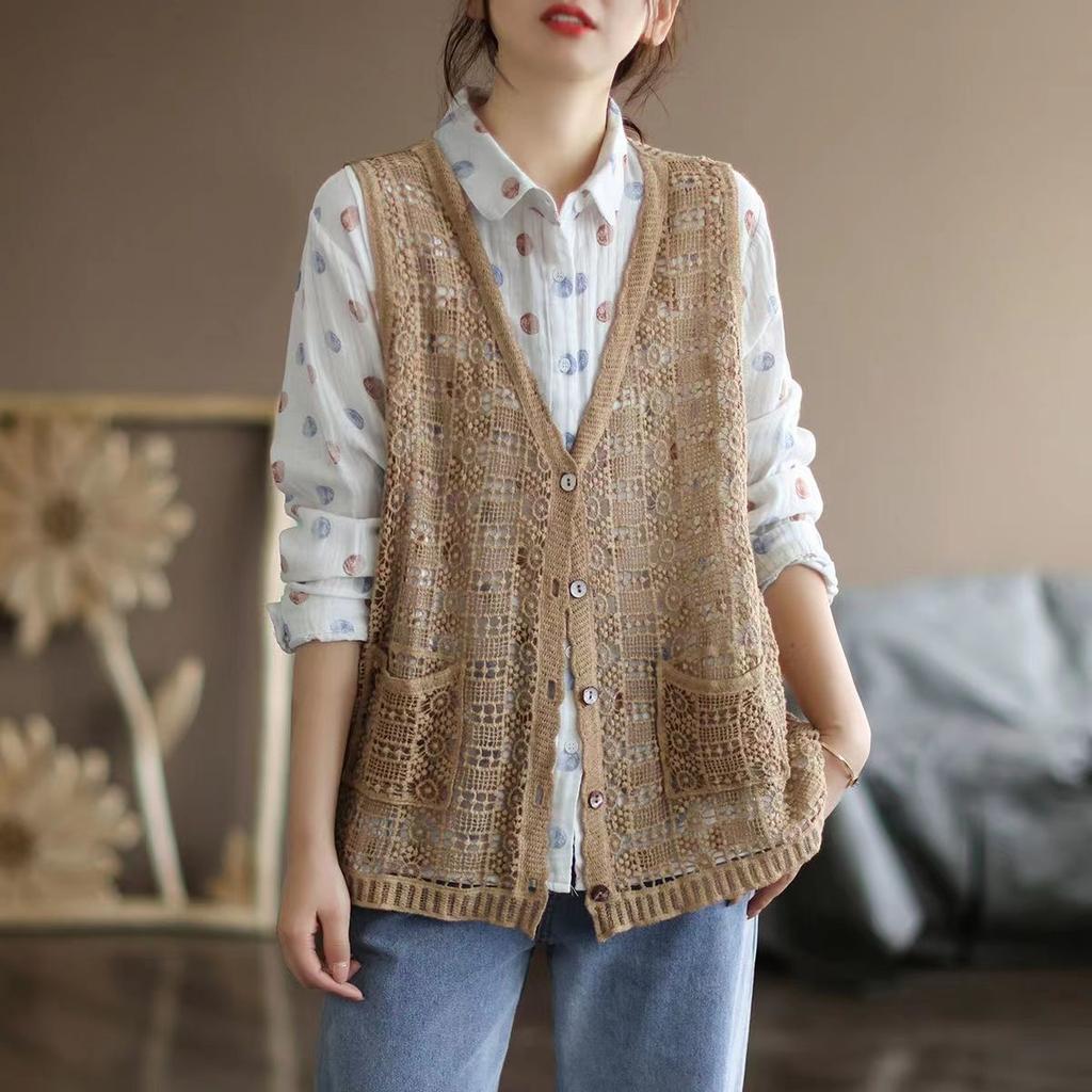 Ethnic Style Women's Cotton Hollow Vest Single-breasted Thin Lace Vest Summer Loose Cardigan Vest Outwear