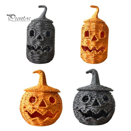 Halloween Candy Holder Handwoven Pumpkin Basket, Spooky Storage Basket with Lid, Vintage Wicker Rustic Seagrass Light Up Lantern LED Candle for Table
